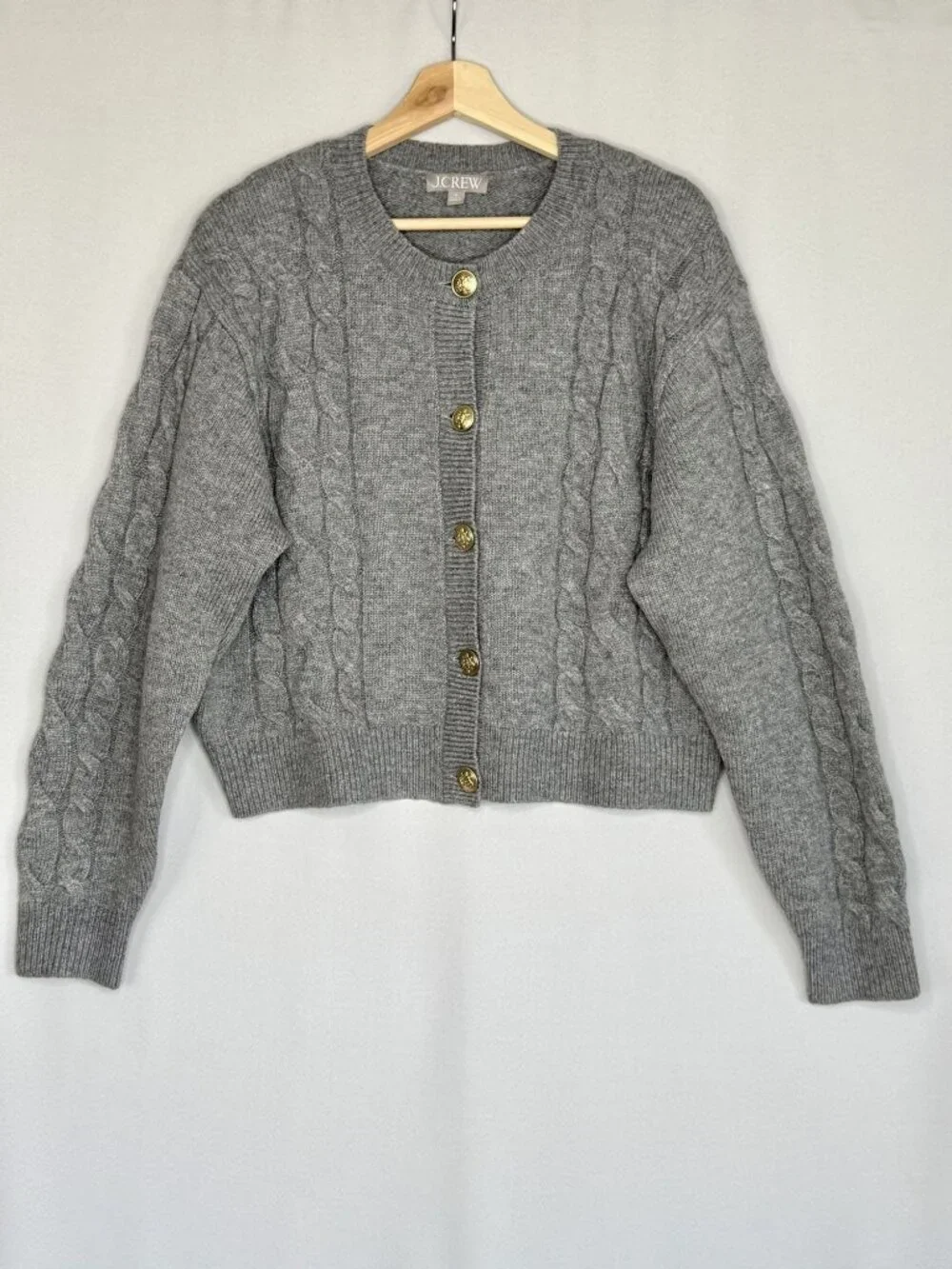 J. Crew Gray Wool Alpaca Acrylic Gold Button Cable Knit Cardigan Sweater Medium